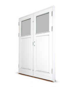 Dobbelt facadedør med 2 glasfelter og 2 fyldinger – klassisk elegance med moderne isolering